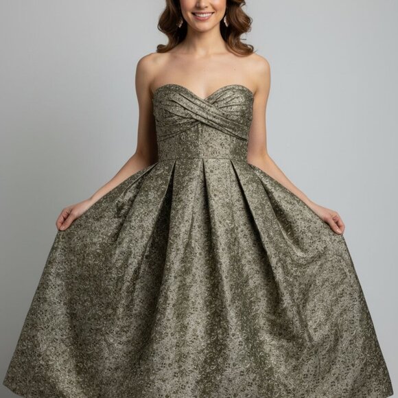 Dresses & Skirts - Vintage 1950s Strapless Brocade Party Dress XS Olive Paisley Cupcake Gown Prom